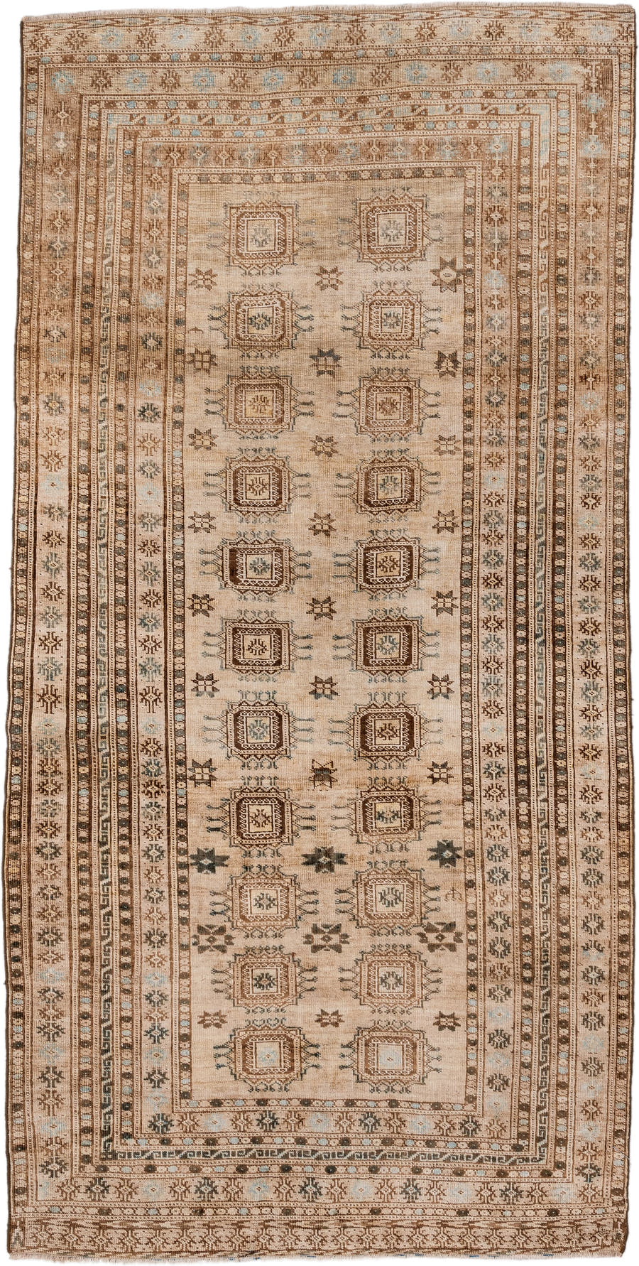 3' x 7' one-of-a-kind handmade vintage Afghan runner rug. Color palette: ivory, camel, taupe, brown, pale blue, charcoal