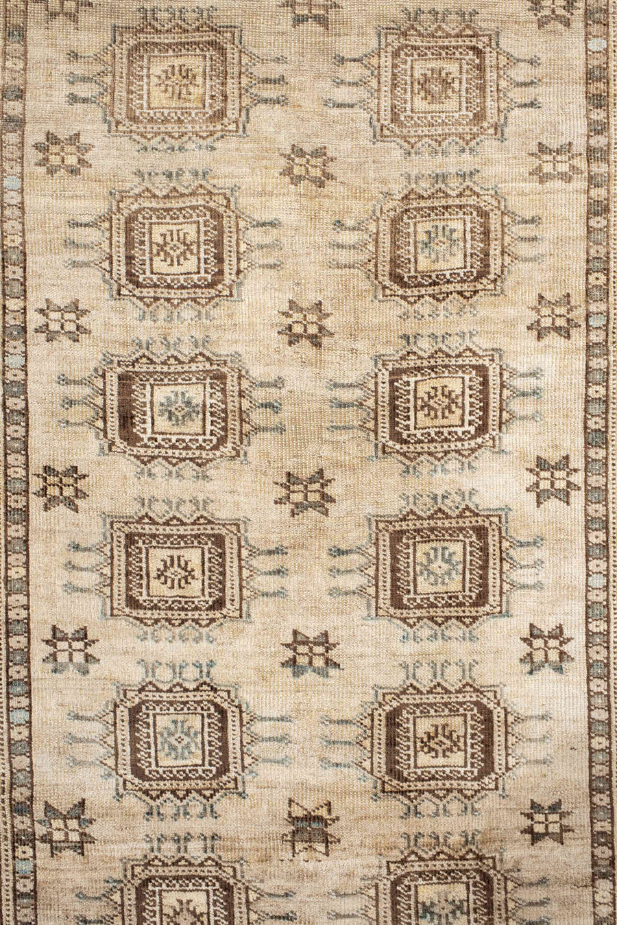 3' x 7' one-of-a-kind handmade vintage Afghan runner rug. Color palette: ivory, camel, taupe, brown, pale blue, charcoal