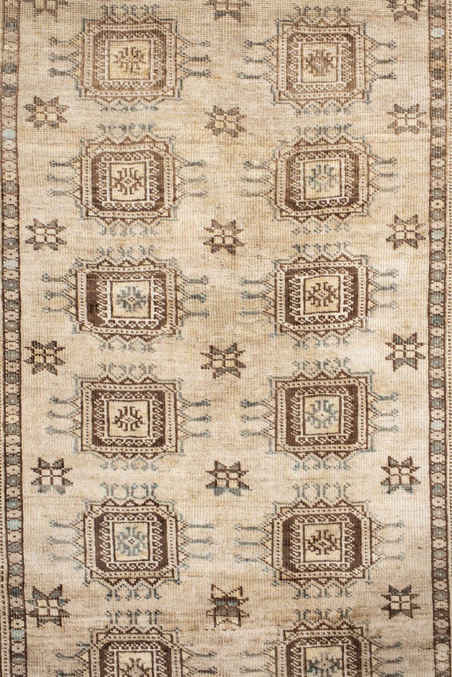 3' x 7' one-of-a-kind handmade vintage Afghan runner rug. Color palette: ivory, camel, taupe, brown, pale blue, charcoal