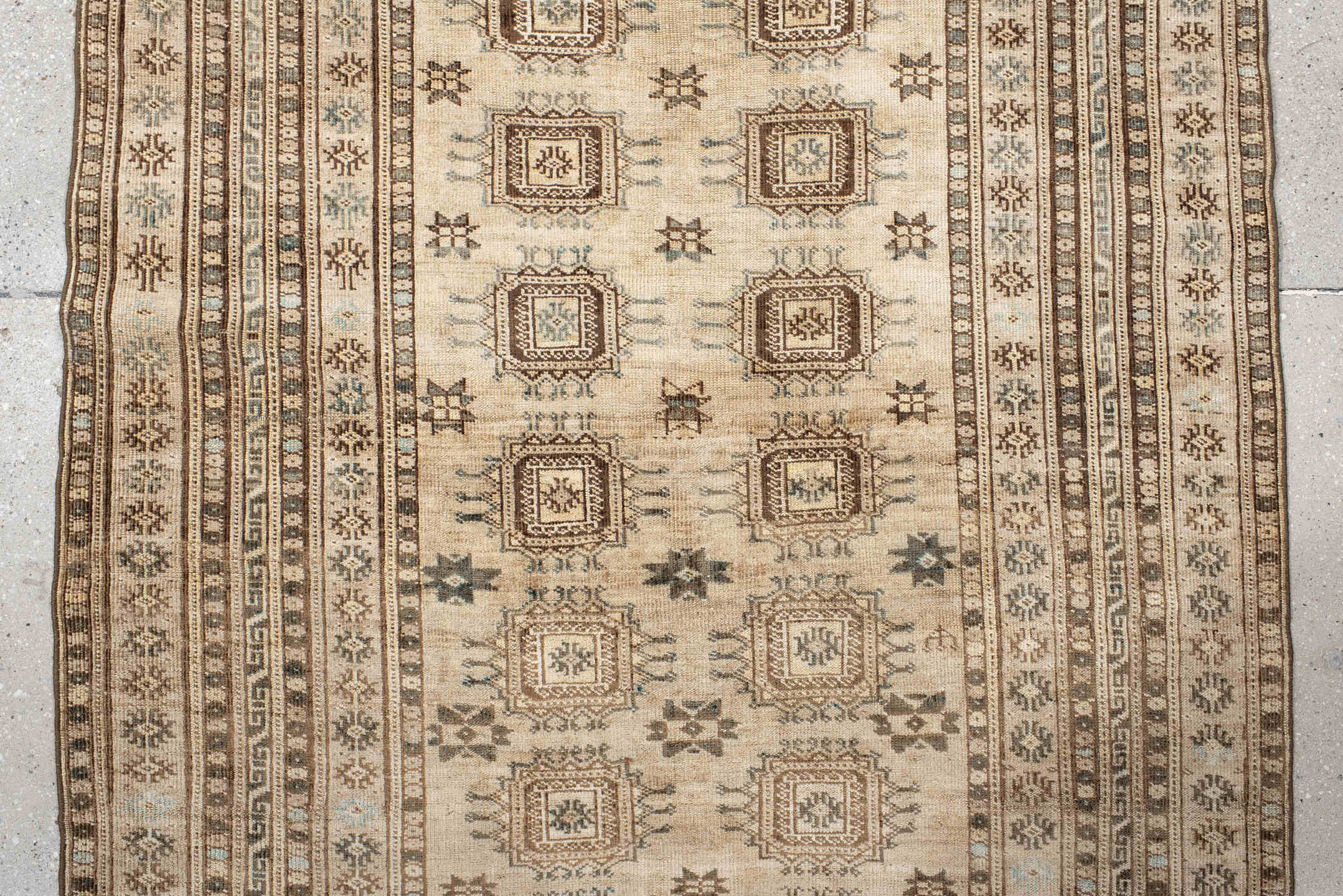 3' x 7' one-of-a-kind handmade vintage Afghan runner rug. Color palette: ivory, camel, taupe, brown, pale blue, charcoal