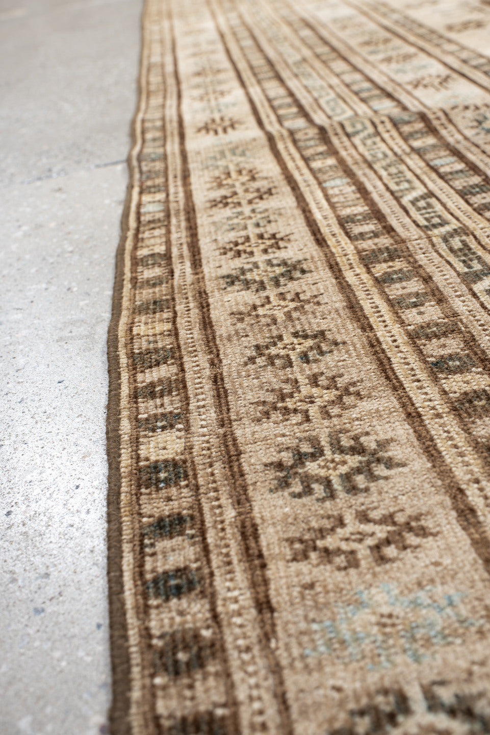 3' x 7' one-of-a-kind handmade vintage Afghan runner rug. Color palette: ivory, camel, taupe, brown, pale blue, charcoal