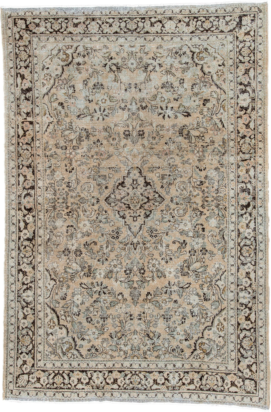 6' x 10' one-of-a-kind handmade antique Mahal large size rug. Color palette: ivory, taupe, charcoal, beige, sage, camel