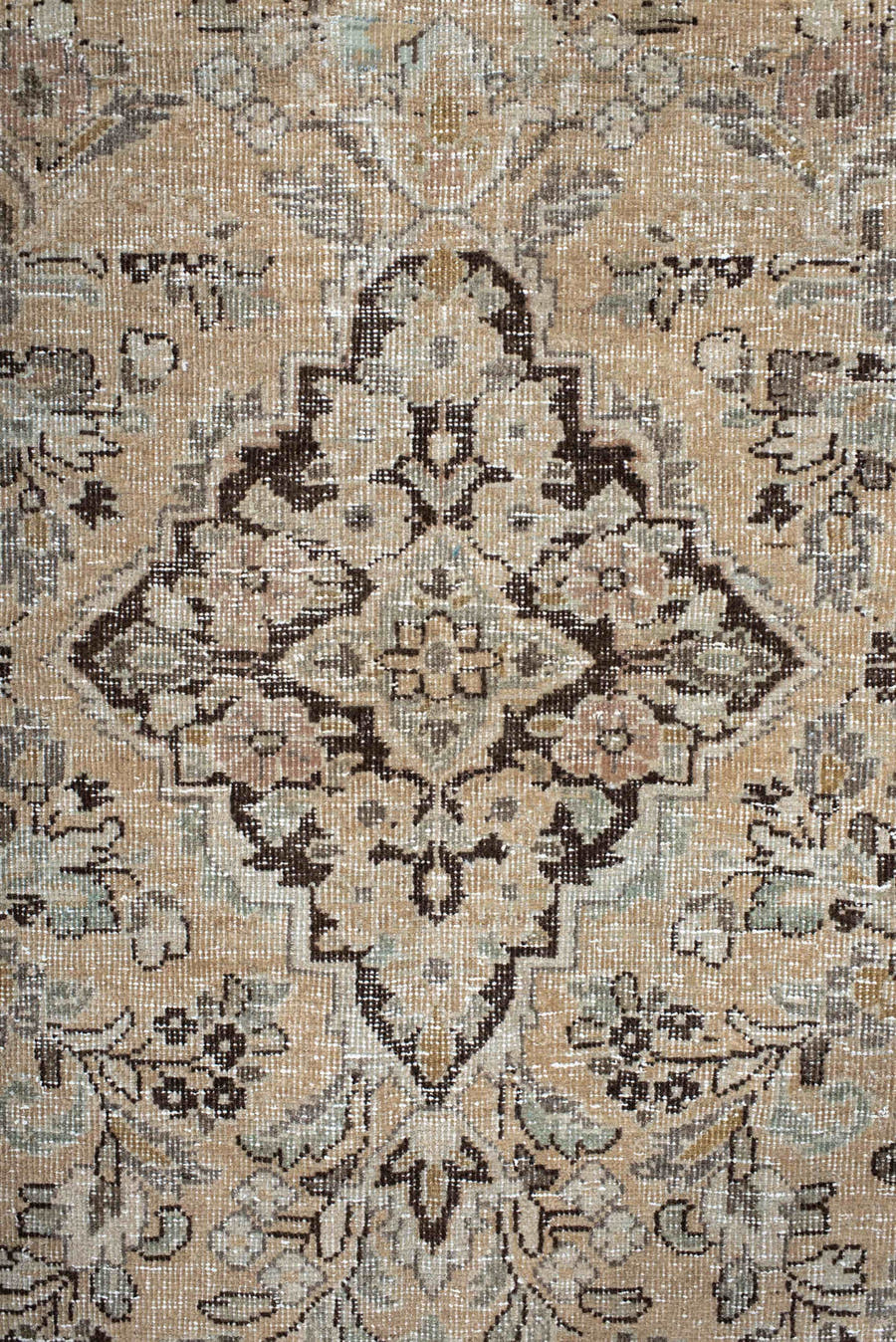 6' x 10' one-of-a-kind handmade antique Mahal large size rug. Color palette: ivory, taupe, charcoal, beige, sage, camel
