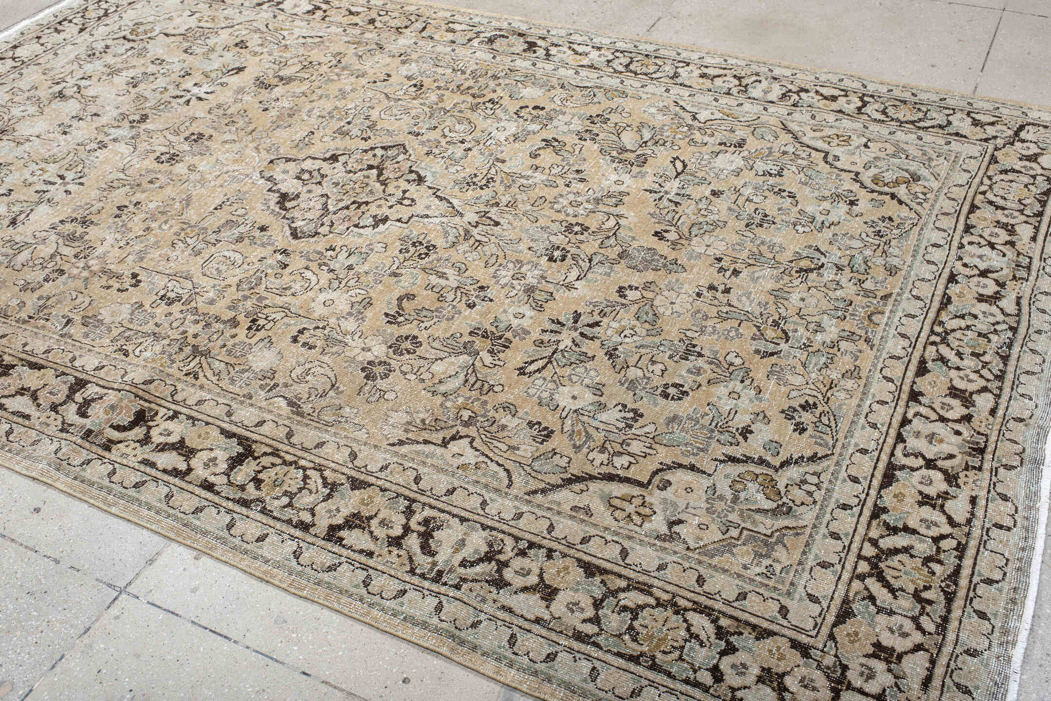 6' x 10' one-of-a-kind handmade antique Mahal large size rug. Color palette: ivory, taupe, charcoal, beige, sage, camel