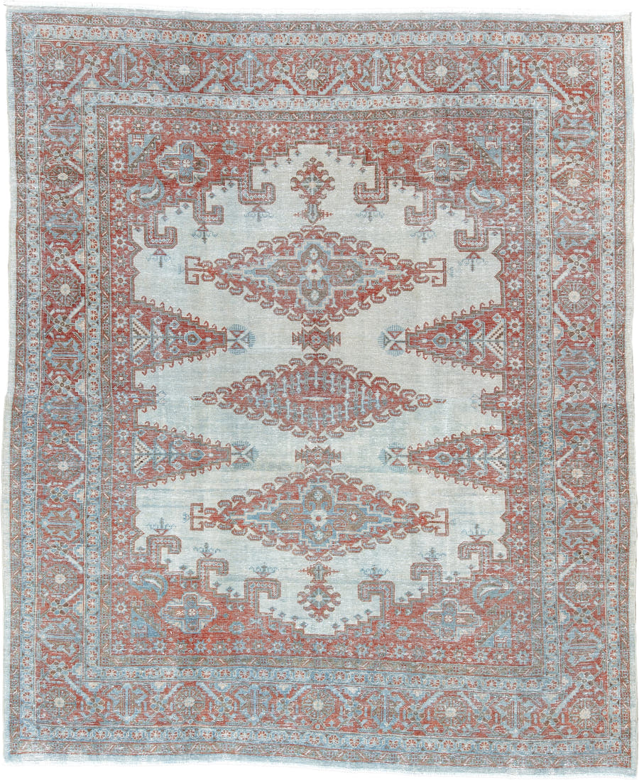 7' x 8' one-of-a-kind handmade antique Veece rug. Color palette: pale blue, rust, ivory, terracotta, sky blue, light blue