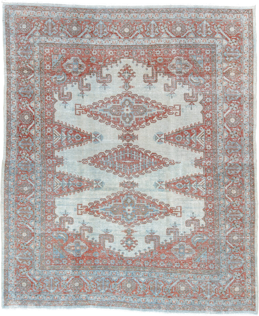7' x 8' one-of-a-kind handmade antique Veece rug. Color palette: pale blue, rust, ivory, terracotta, sky blue, light blue