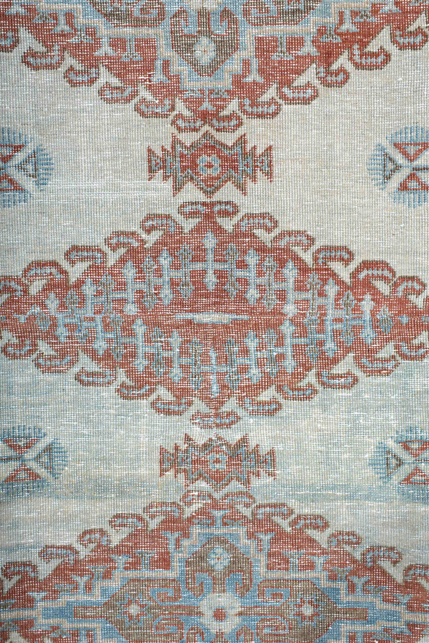 7' x 8' one-of-a-kind handmade antique Veece rug. Color palette: pale blue, rust, ivory, terracotta, sky blue, light blue