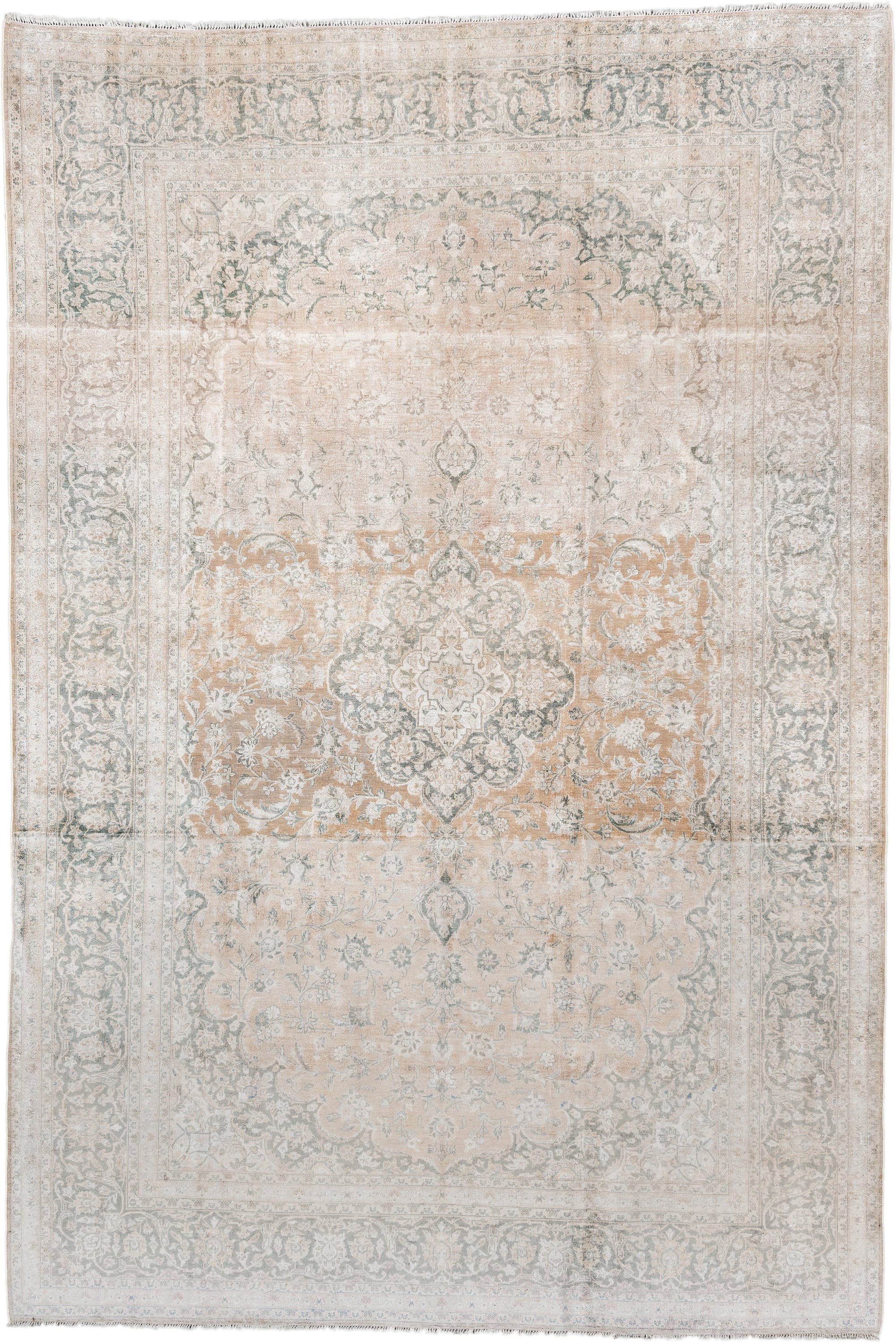 6' x 10' one-of-a-kind handmade vintage Kashan large size rug. Color palette: ivory, blush, pale blue, cream, taupe, sage