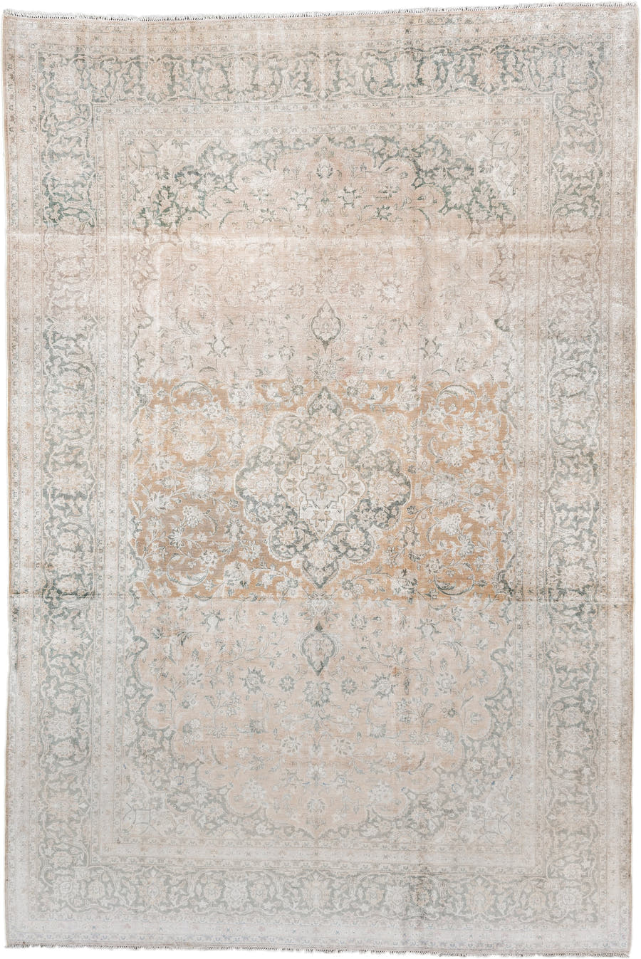 6' x 10' one-of-a-kind handmade vintage Kashan large size rug. Color palette: ivory, blush, pale blue, cream, taupe, sage