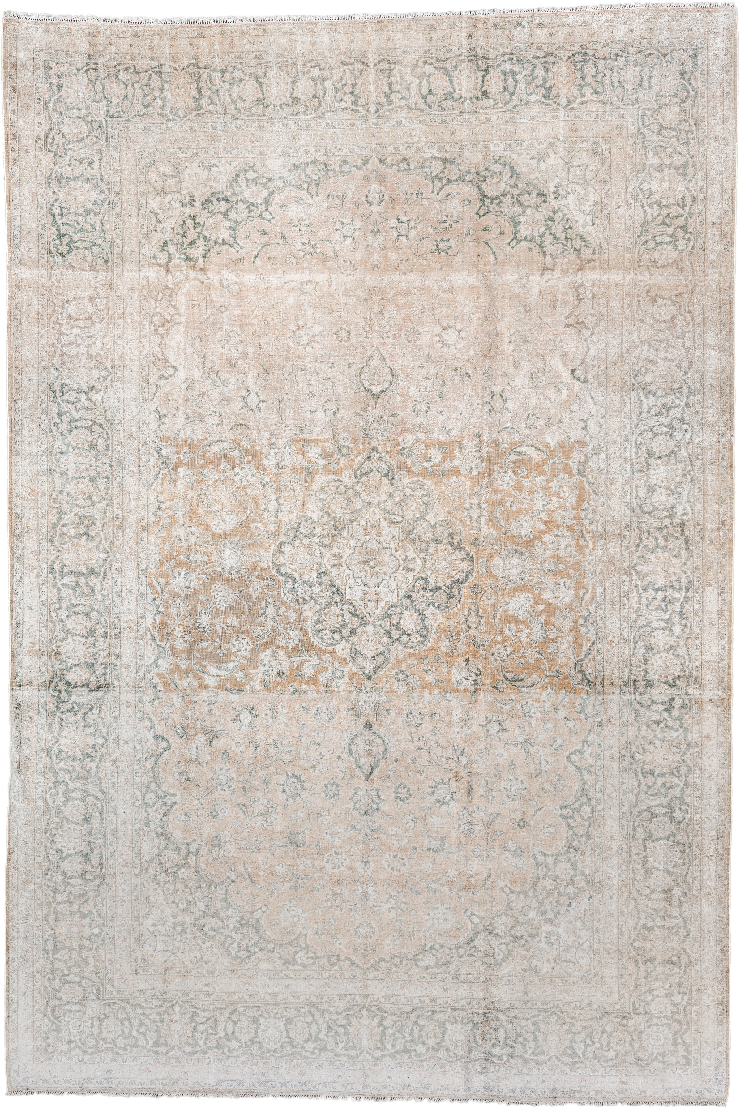 6' x 10' one-of-a-kind handmade vintage Kashan large size rug. Color palette: ivory, blush, pale blue, cream, taupe, sage