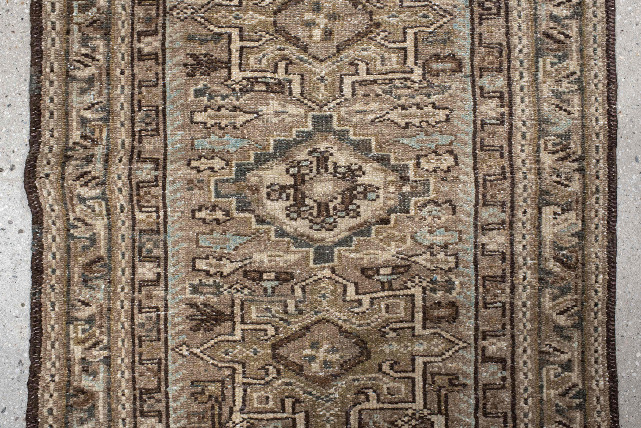 3' x 9' one-of-a-kind handmade antique Karaje runner rug. Color palette: taupe, brown, ivory, camel, slate, charcoal