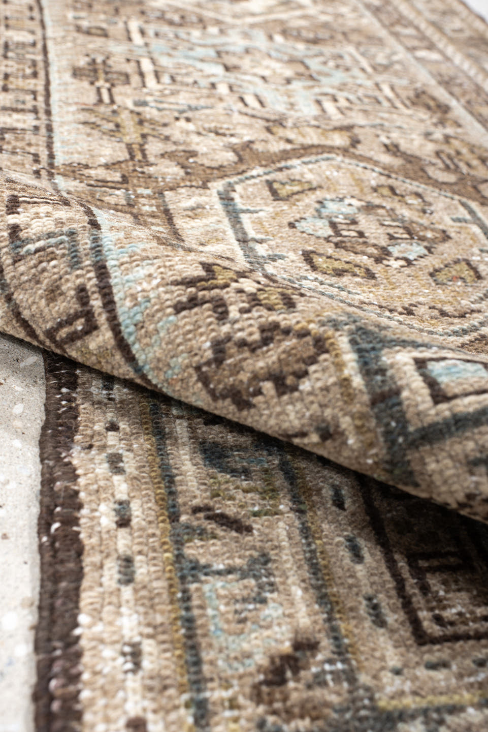 3' x 9' one-of-a-kind handmade antique Karaje runner rug. Color palette: taupe, brown, ivory, camel, slate, charcoal