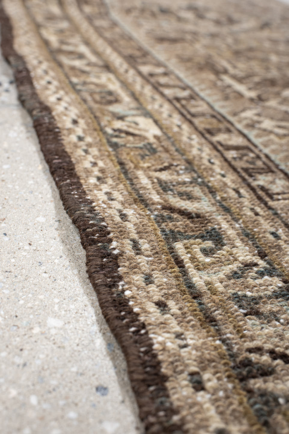 3' x 9' one-of-a-kind handmade antique Karaje runner rug. Color palette: taupe, brown, ivory, camel, slate, charcoal