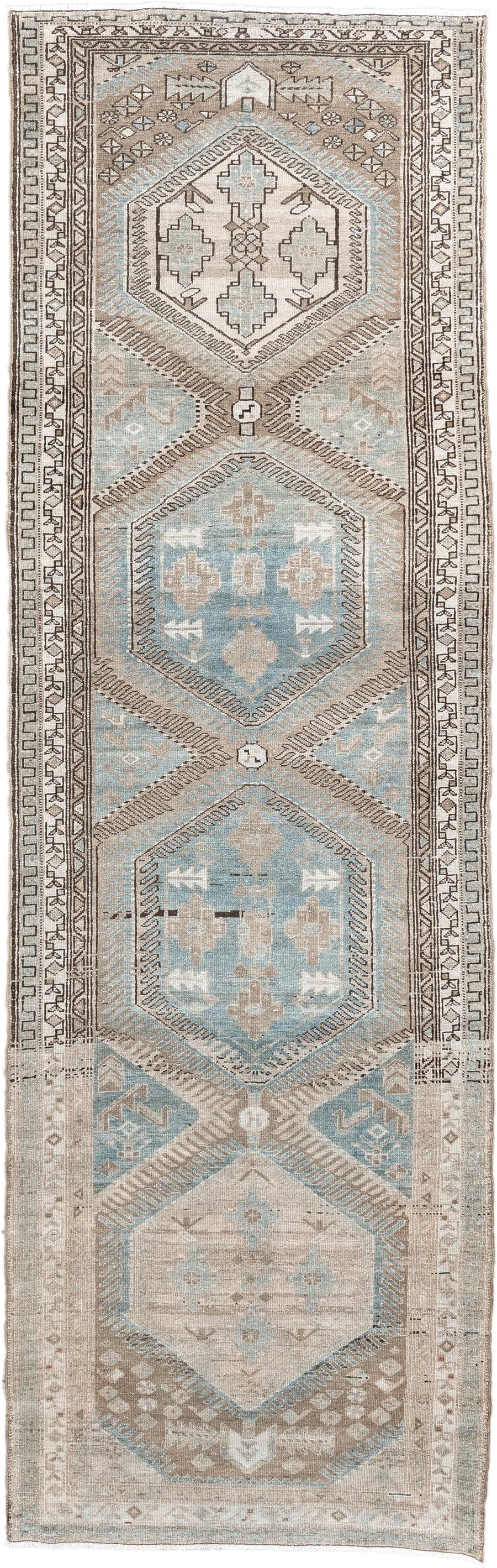 3' x 10' one-of-a-kind handmade antique Malayer runner rug. Color palette: ivory, sky blue, taupe, brown, beige, light blue