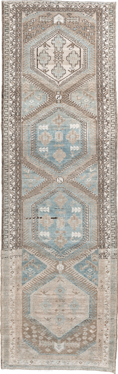 3' x 10' one-of-a-kind handmade vintage Malayer runner rug. Color palette: brown, dark gray, floral white, gainsboro, gray