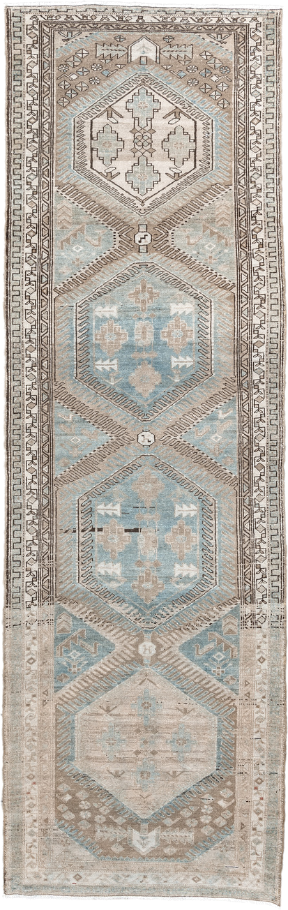 3' x 10' one-of-a-kind handmade antique Malayer runner rug. Color palette: ivory, sky blue, taupe, brown, beige, light blue