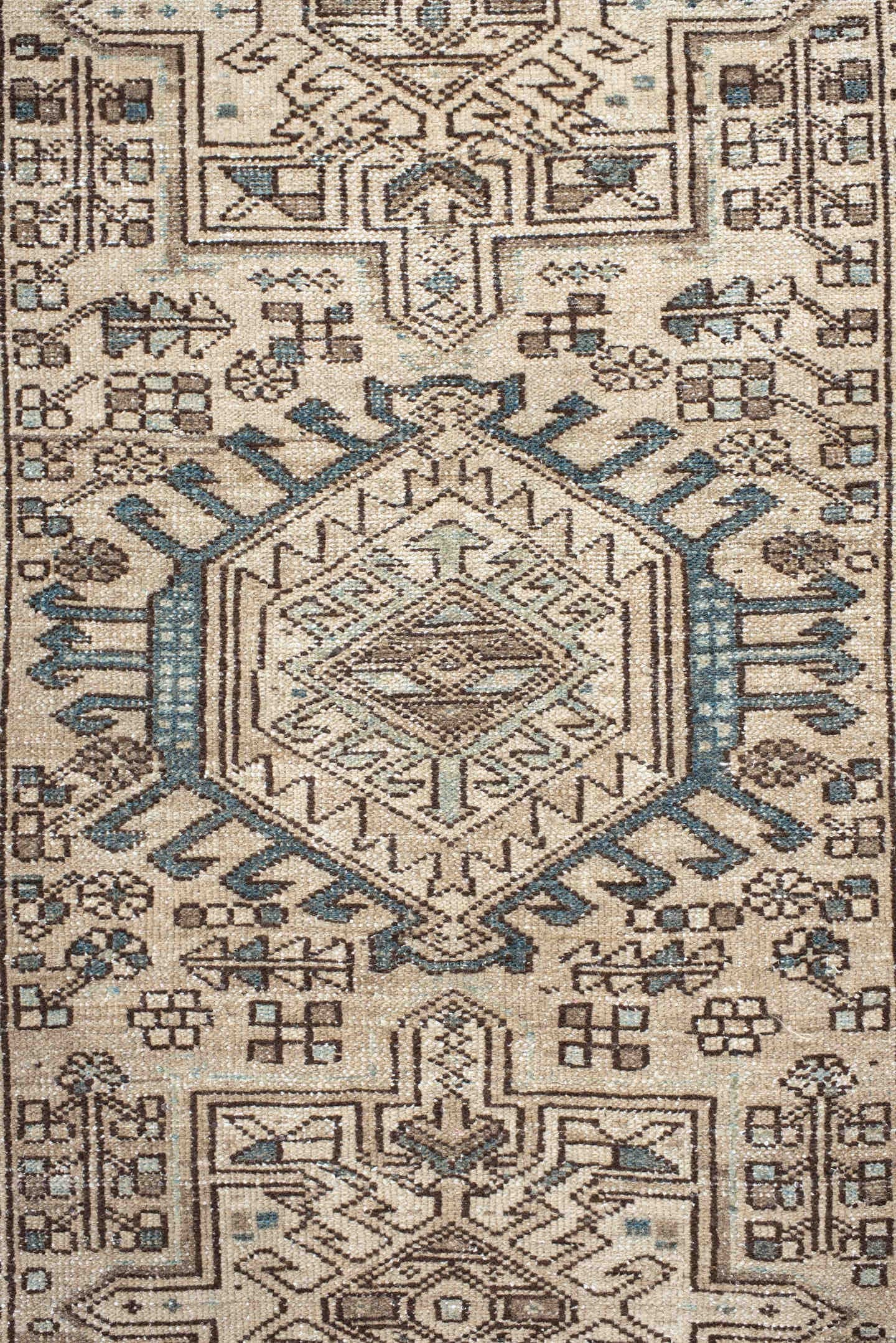 2' x 11' one-of-a-kind handmade antique Karaje runner rug. Color palette: ivory, sky blue, brown, taupe, camel, light blue
