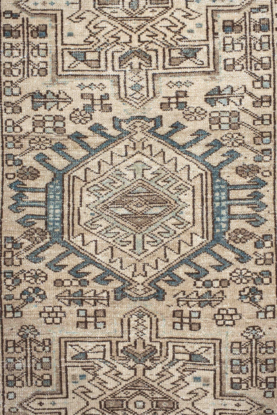 2' x 11' one-of-a-kind handmade antique Karaje runner rug. Color palette: ivory, sky blue, brown, taupe, camel, light blue