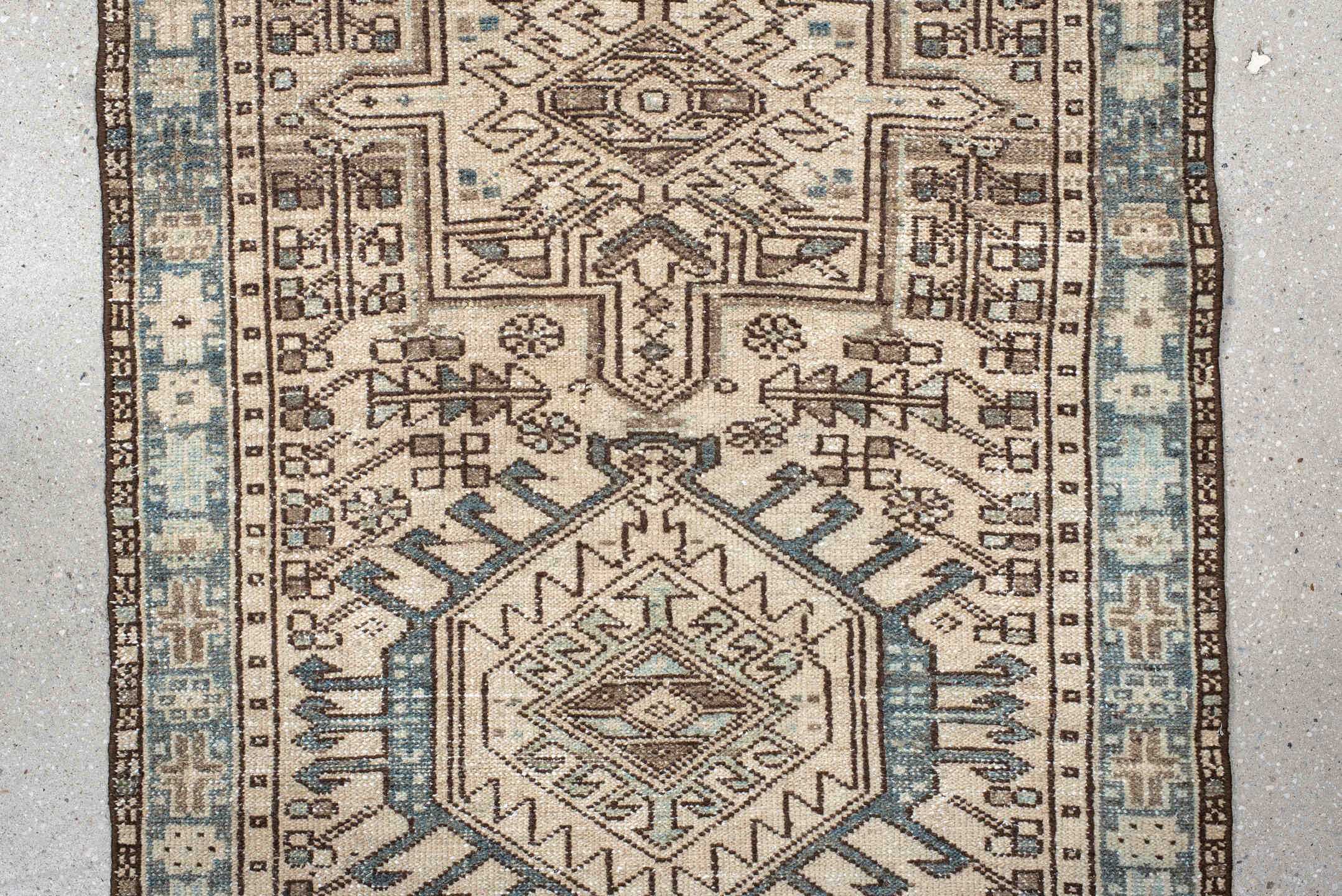2' x 11' one-of-a-kind handmade antique Karaje runner rug. Color palette: ivory, sky blue, brown, taupe, camel, light blue