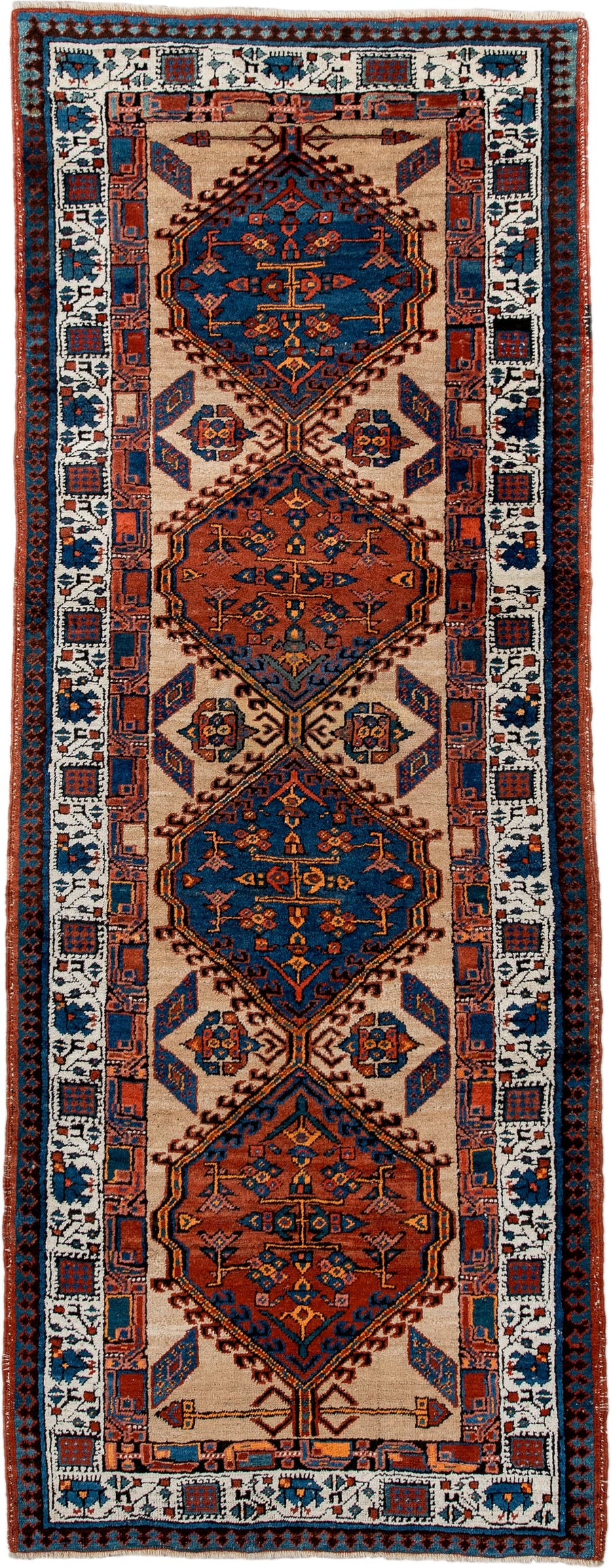 3' x 8' one-of-a-kind handmade antique Sarab runner rug. Color palette: ivory, indigo, rust, navy, terra cotta, camel