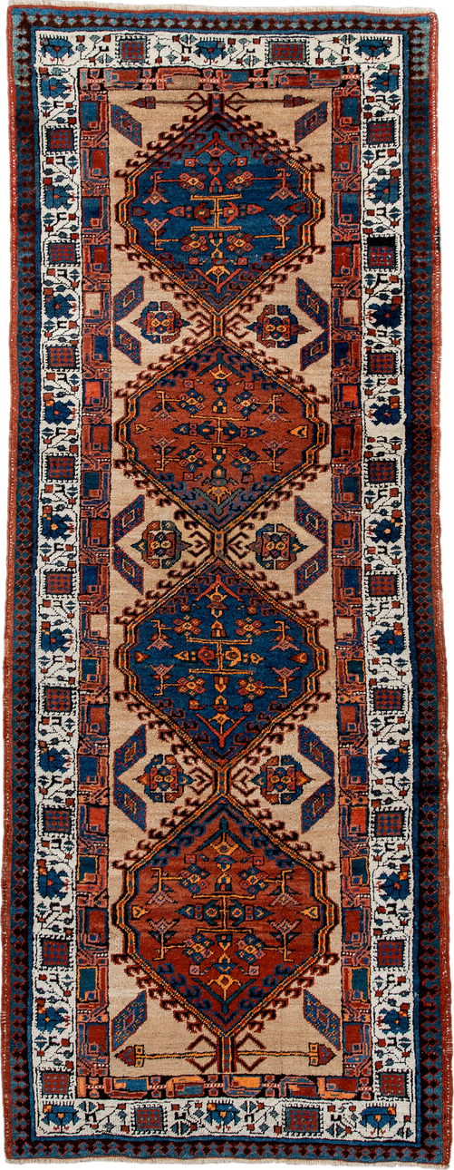 3' x 8' one-of-a-kind handmade antique Sarab runner rug. Color palette: ivory, indigo, rust, navy, terra cotta, camel