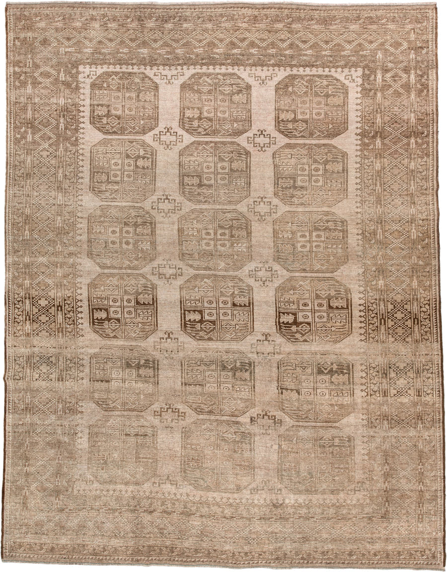 7' x 9' one-of-a-kind handmade antique Afghan large size rug. Color palette: taupe, beige, camel, ivory, brown, gray
