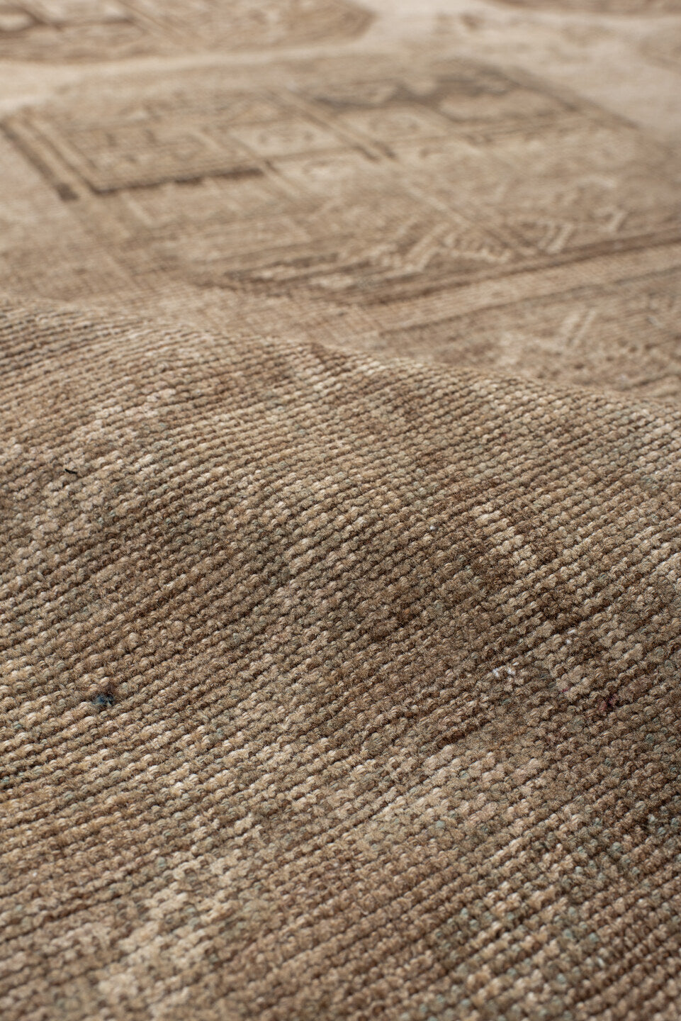 7' x 9' one-of-a-kind handmade antique Afghan large size rug. Color palette: taupe, beige, camel, ivory, brown, gray