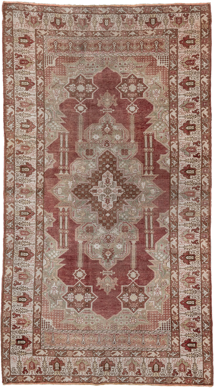 4' x 8' one-of-a-kind handmade vintage Anatolian rug. Color palette: terra cotta, ivory, sage, rust, taupe, rose, brown