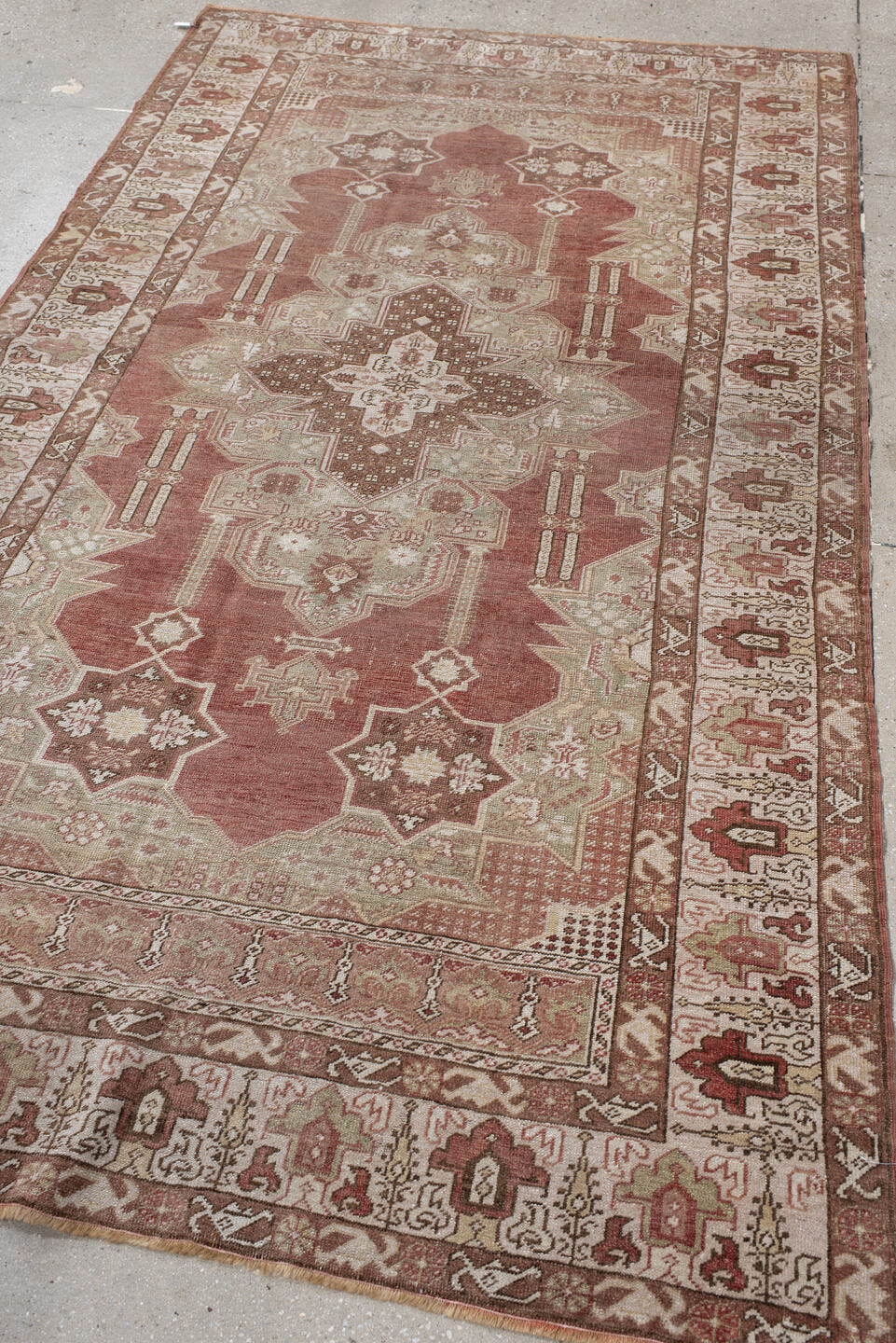4' x 8' one-of-a-kind handmade vintage Anatolian rug. Color palette: terra cotta, ivory, sage, rust, taupe, rose, brown