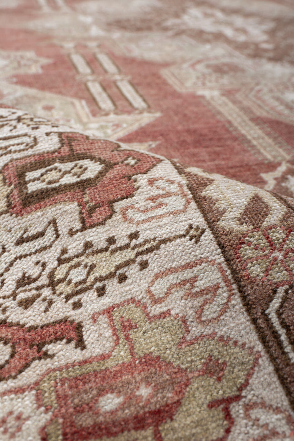 4' x 8' one-of-a-kind handmade vintage Anatolian rug. Color palette: terra cotta, ivory, sage, rust, taupe, rose, brown