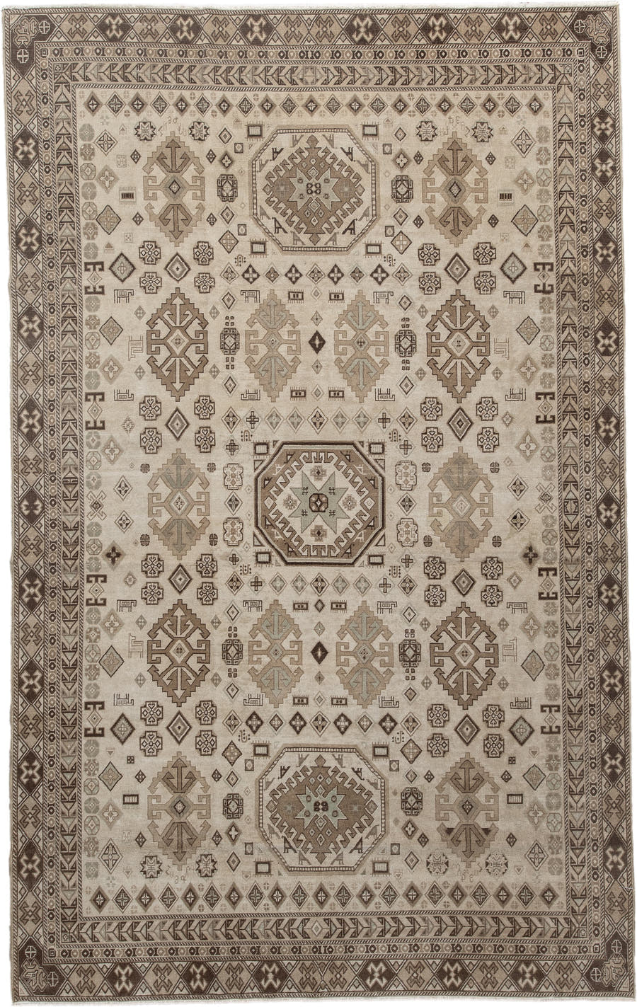 5' x 9' one-of-a-kind handmade vintage Ardebil medium size rug. Color palette: ivory, taupe, brown, camel, charcoal, greige