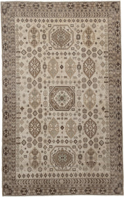 5' x 9' one-of-a-kind handmade vintage Ardebil medium size rug. Color palette: ivory, taupe, brown, camel, charcoal, greige