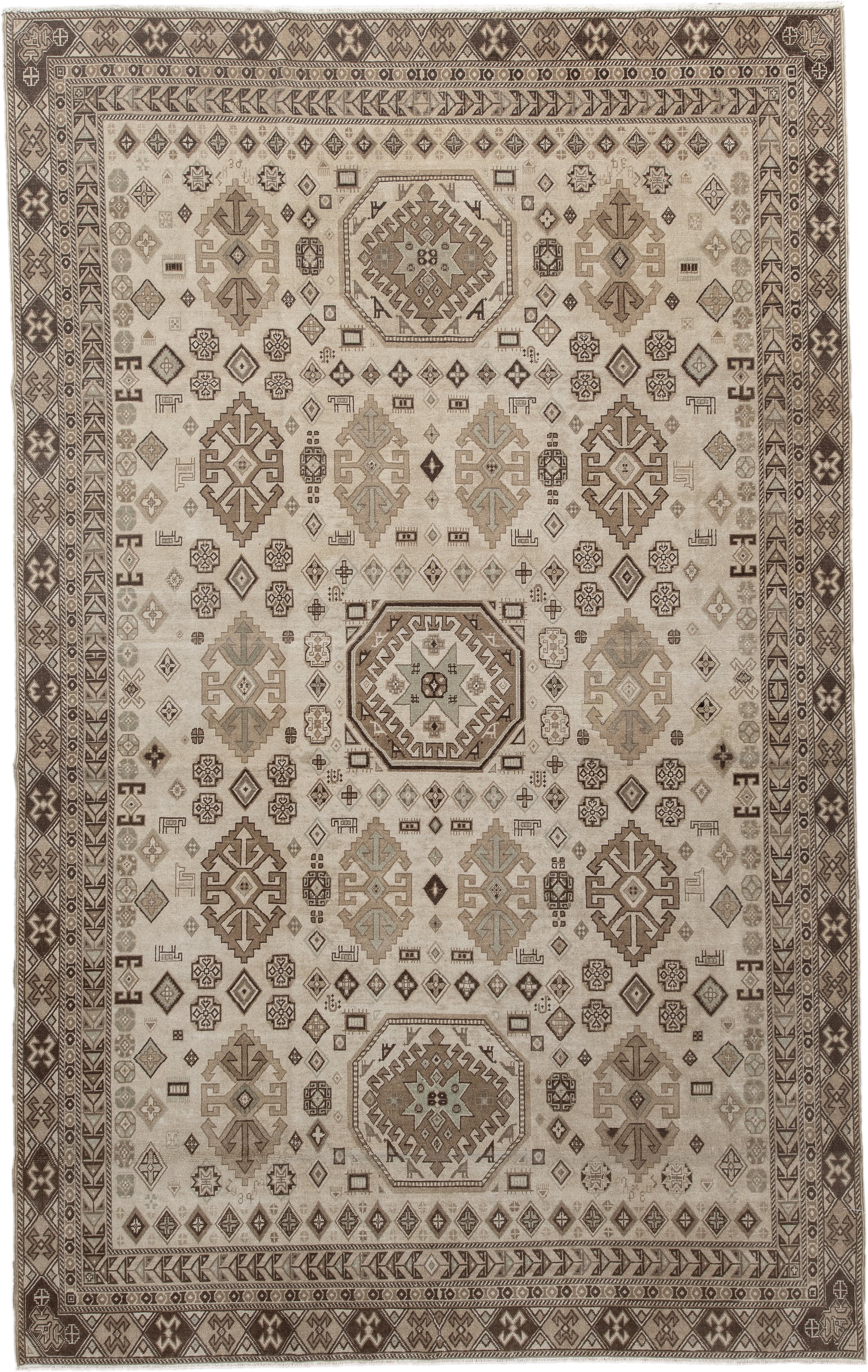5' x 9' one-of-a-kind handmade vintage Ardebil medium size rug. Color palette: ivory, taupe, brown, camel, charcoal, greige