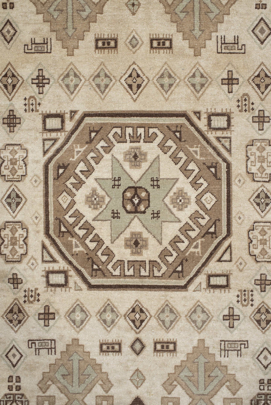 5' x 9' one-of-a-kind handmade vintage Ardebil medium size rug. Color palette: ivory, taupe, brown, camel, charcoal, greige