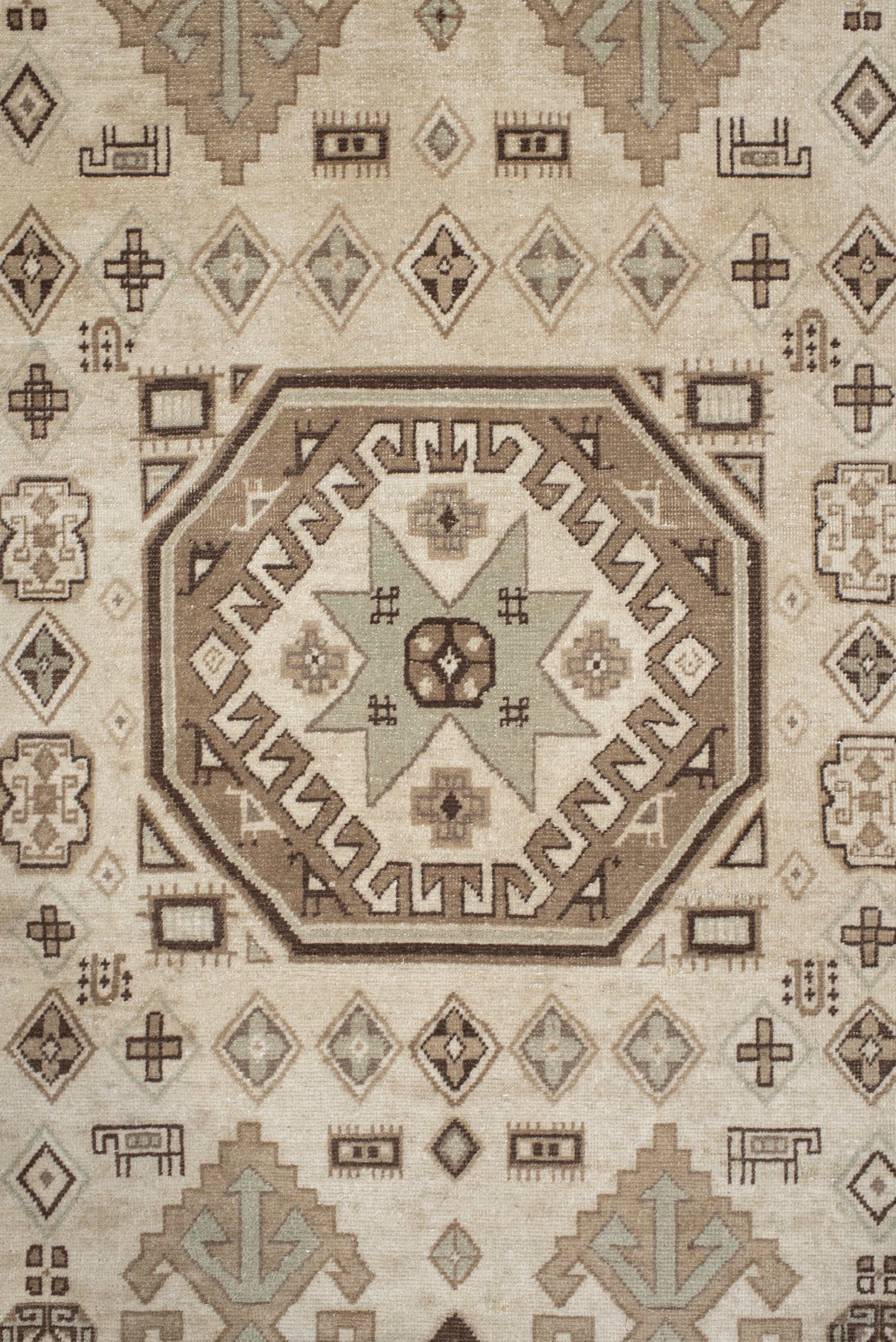 5' x 9' one-of-a-kind handmade vintage Ardebil medium size rug. Color palette: ivory, taupe, brown, camel, charcoal, greige
