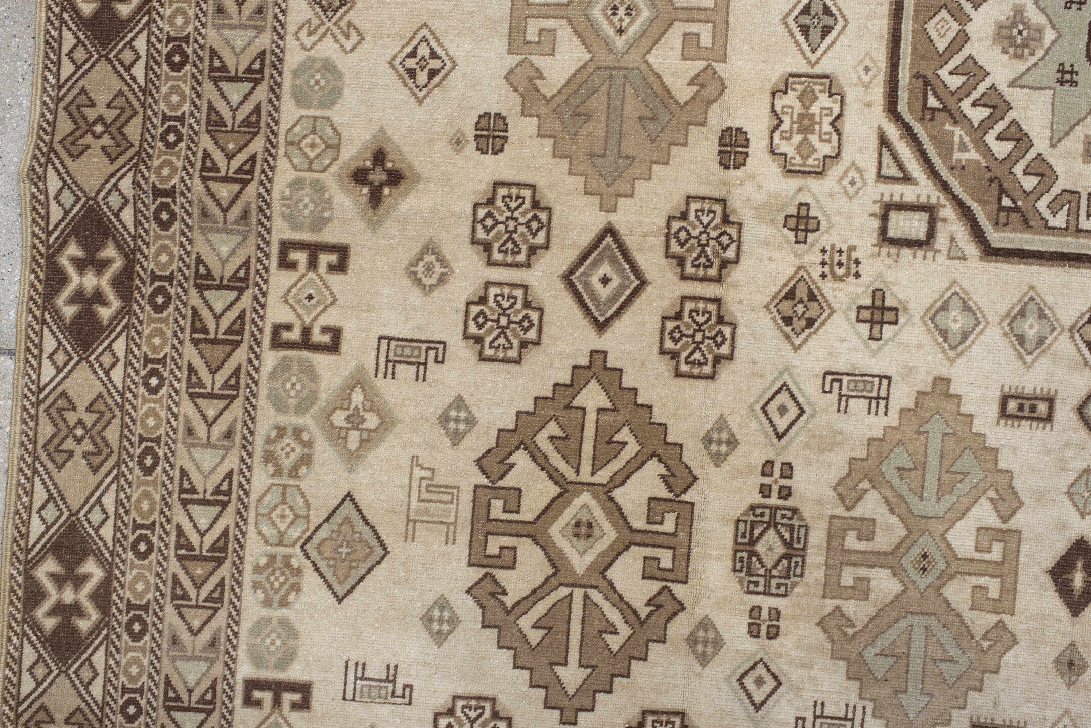 5' x 9' one-of-a-kind handmade vintage Ardebil medium size rug. Color palette: ivory, taupe, brown, camel, charcoal, greige
