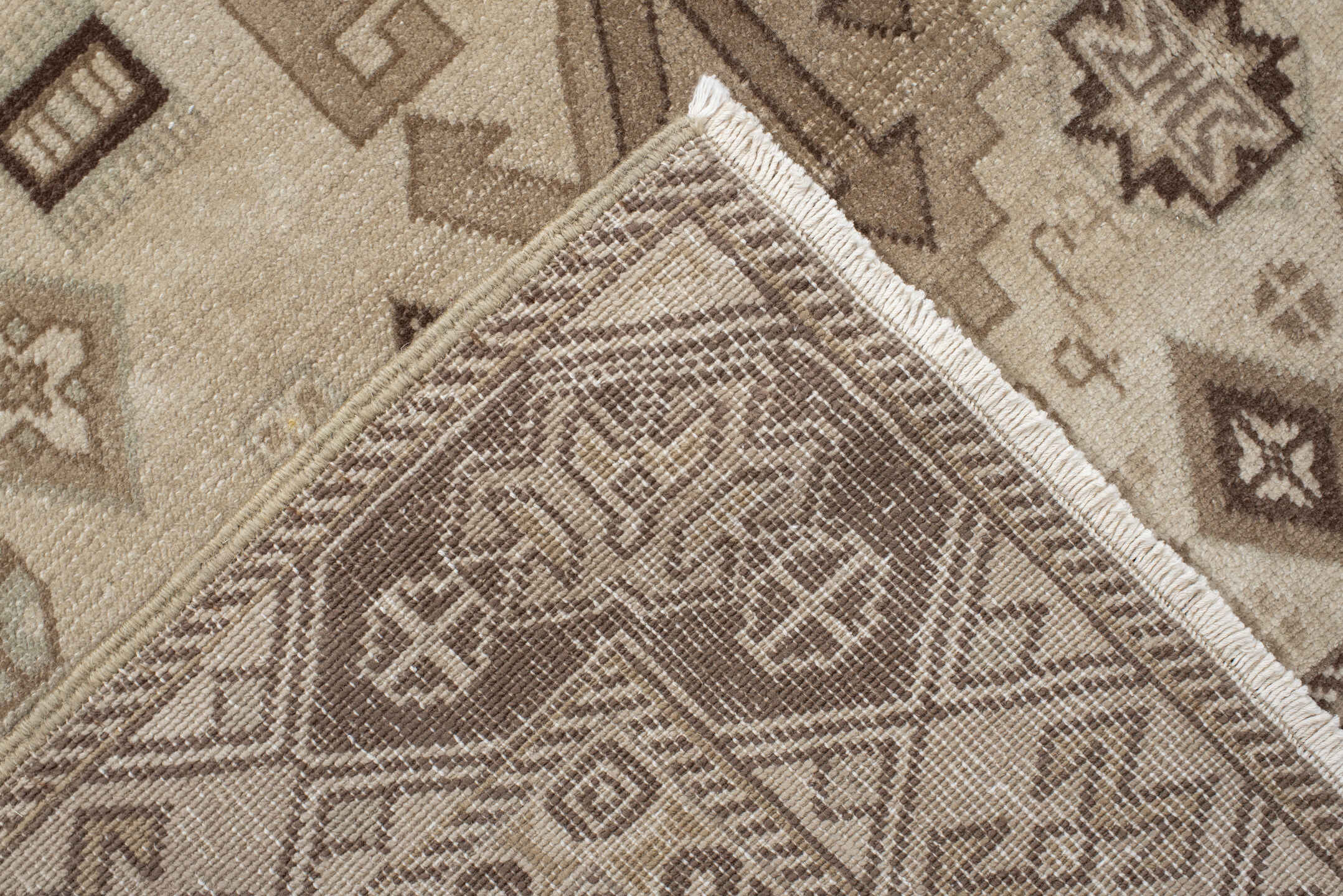 5' x 9' one-of-a-kind handmade vintage Ardebil medium size rug. Color palette: ivory, taupe, brown, camel, charcoal, greige
