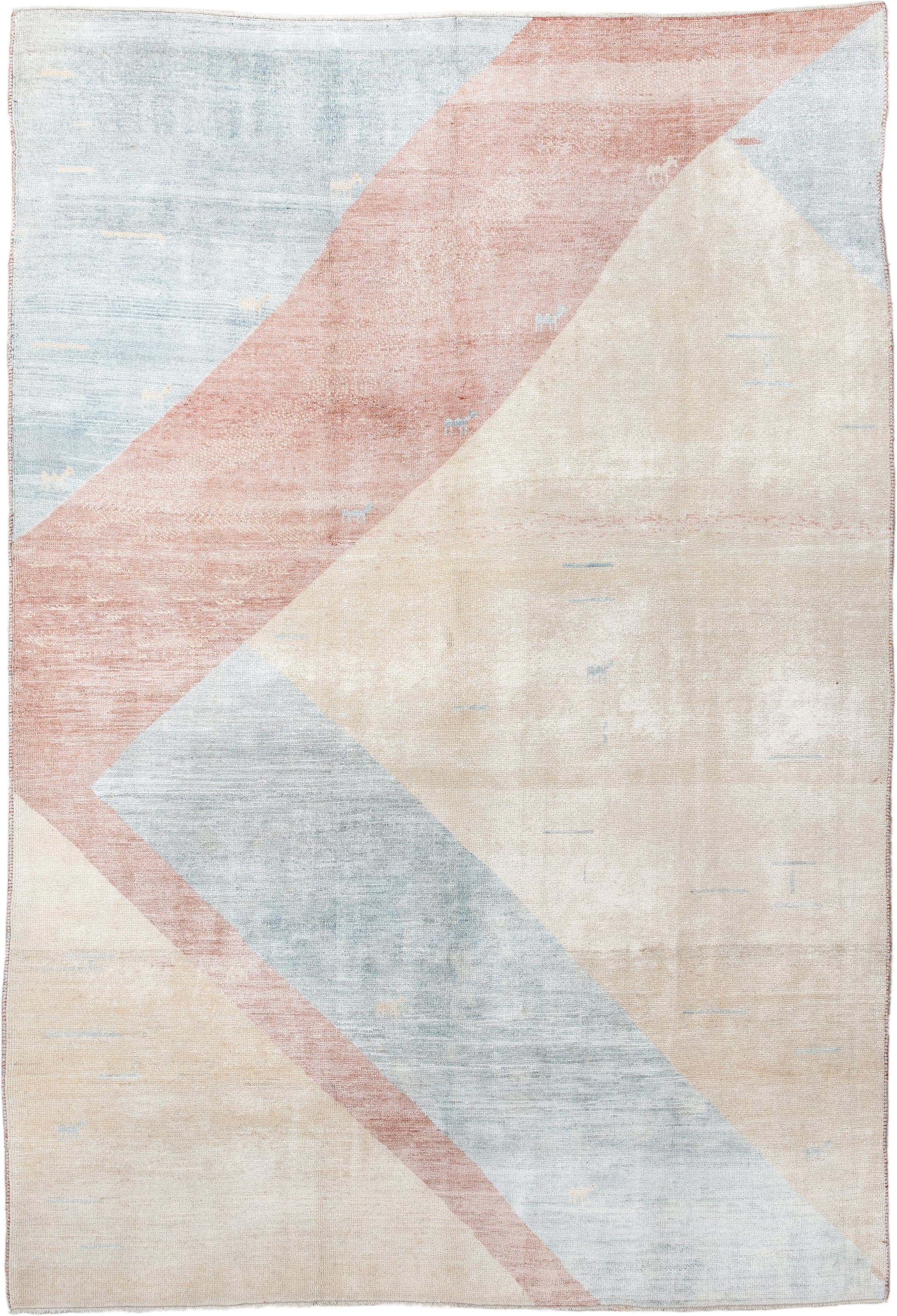 6' x 9' one-of-a-kind handmade vintage Gabbe medium size rug. Color palette: ivory, pale blue, blush, cream, light blue