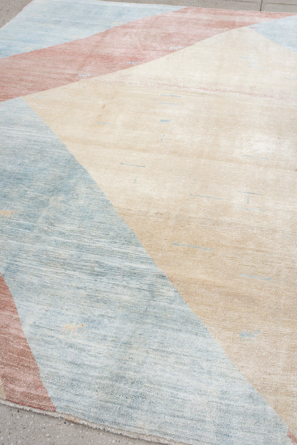 6' x 9' one-of-a-kind handmade vintage Gabbe medium size rug. Color palette: ivory, pale blue, blush, cream, light blue