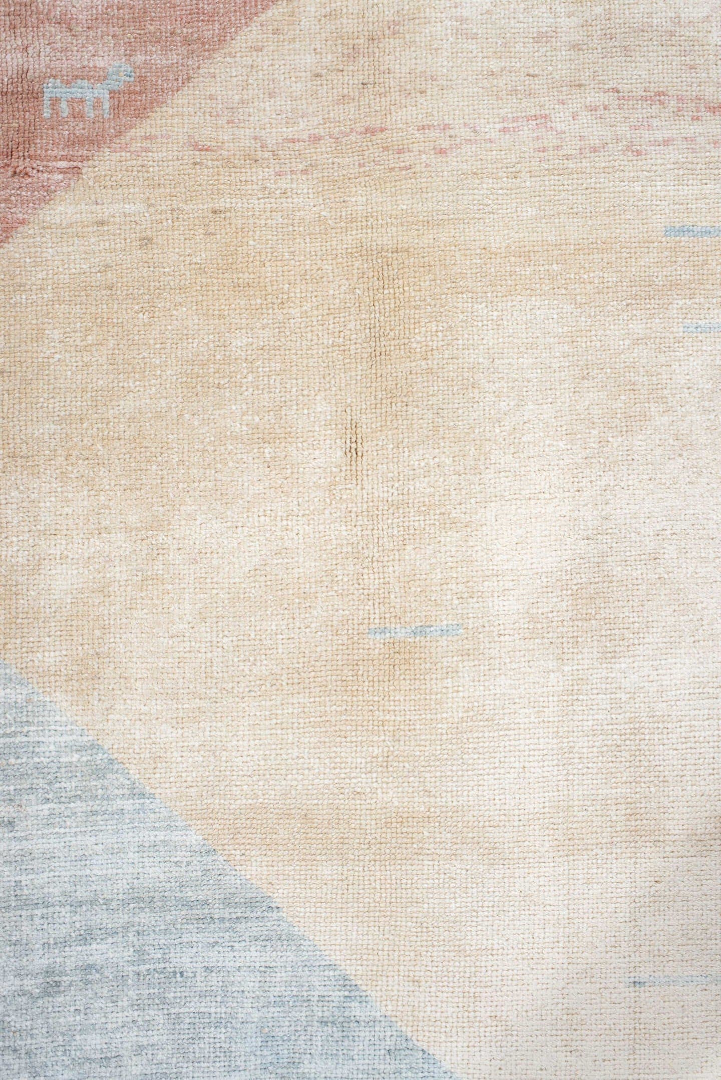 6' x 9' one-of-a-kind handmade vintage Gabbe medium size rug. Color palette: ivory, pale blue, blush, cream, light blue