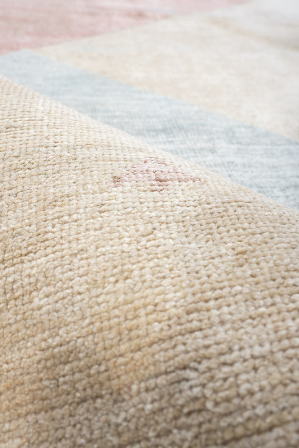 6' x 9' one-of-a-kind handmade vintage Gabbe medium size rug. Color palette: ivory, pale blue, blush, cream, light blue