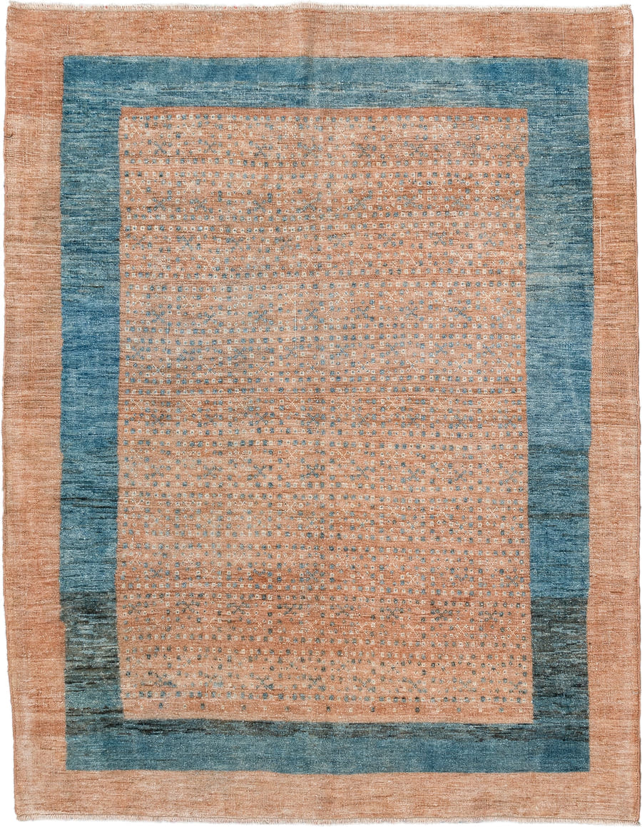 3' x 4' one-of-a-kind handmade vintage  small size rug. Color palette: peach, teal, camel, taupe, ivory, slate, terracotta