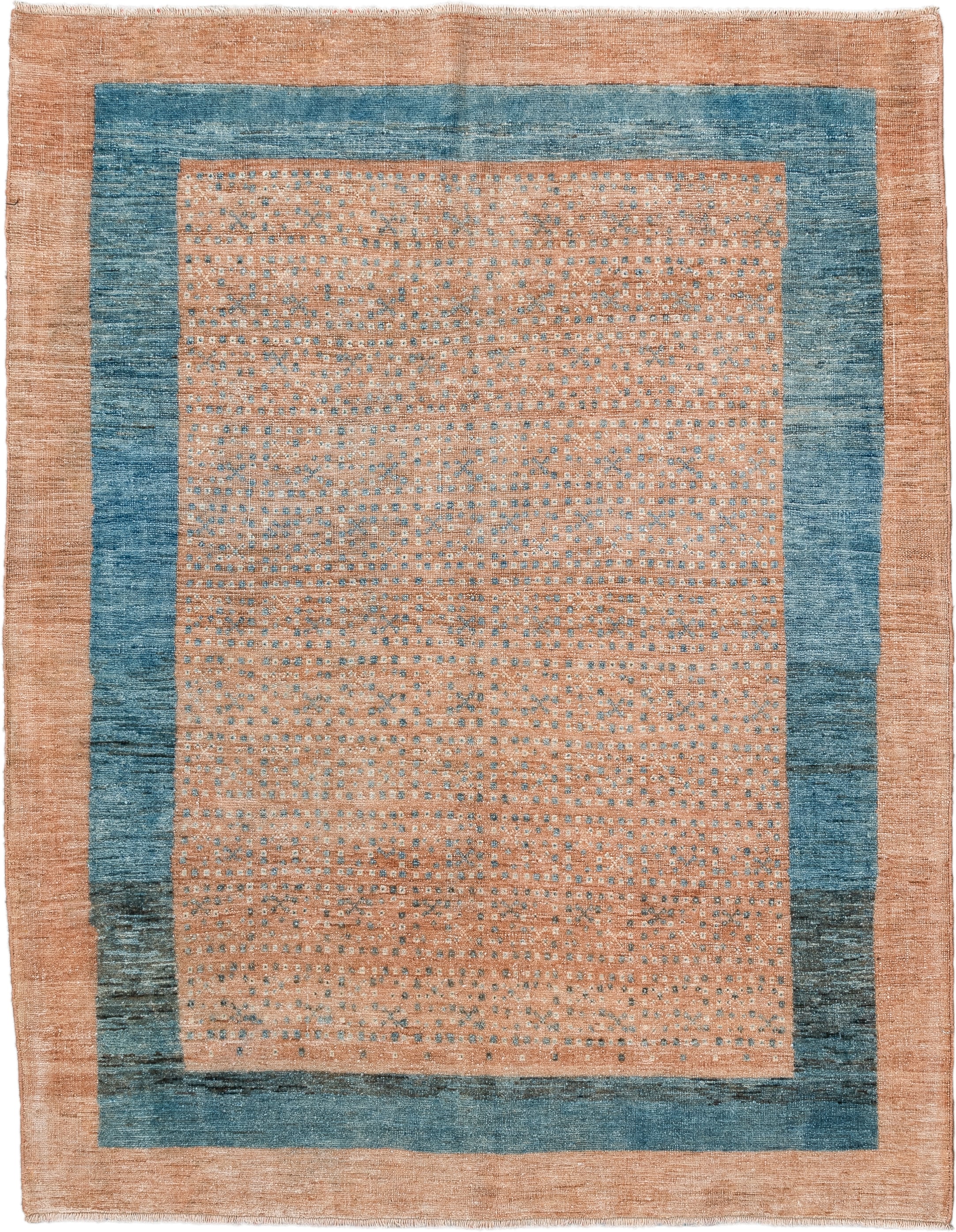 3' x 4' one-of-a-kind handmade vintage  small size rug. Color palette: peach, teal, camel, taupe, ivory, slate, terracotta