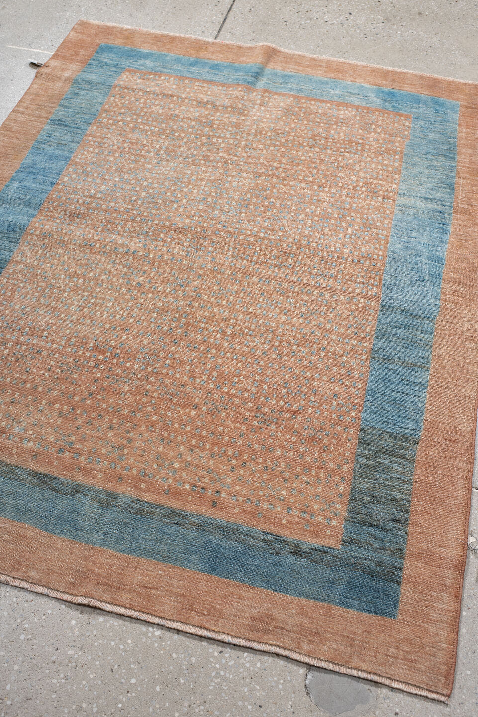 3' x 4' one-of-a-kind handmade vintage small size rug. Color palette: peach, teal, camel, taupe, ivory, slate, terracotta