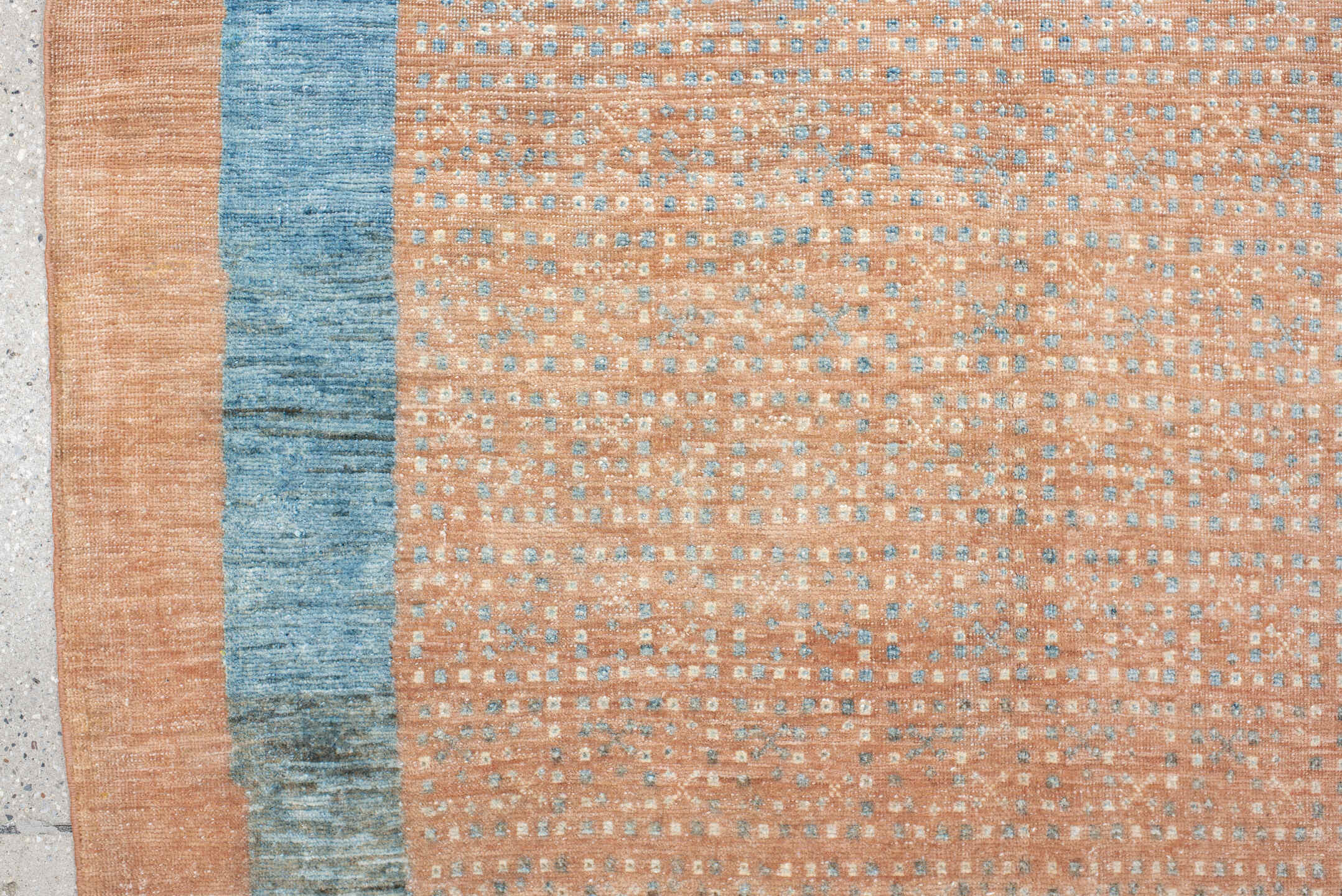 3' x 4' one-of-a-kind handmade vintage small size rug. Color palette: peach, teal, camel, taupe, ivory, slate, terracotta
