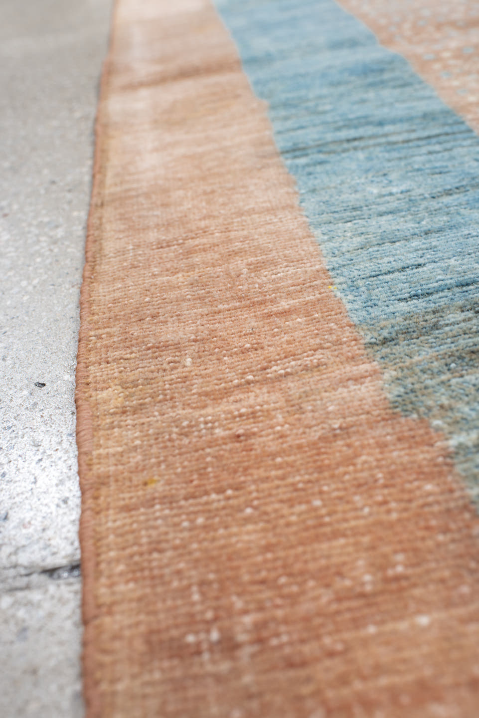 3' x 4' one-of-a-kind handmade vintage small size rug. Color palette: peach, teal, camel, taupe, ivory, slate, terracotta