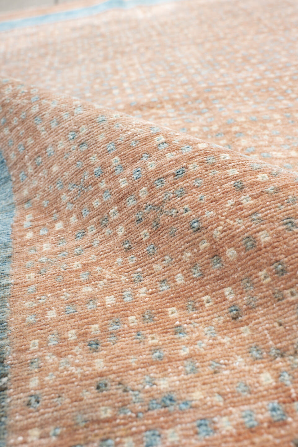 3' x 4' one-of-a-kind handmade vintage small size rug. Color palette: peach, teal, camel, taupe, ivory, slate, terracotta