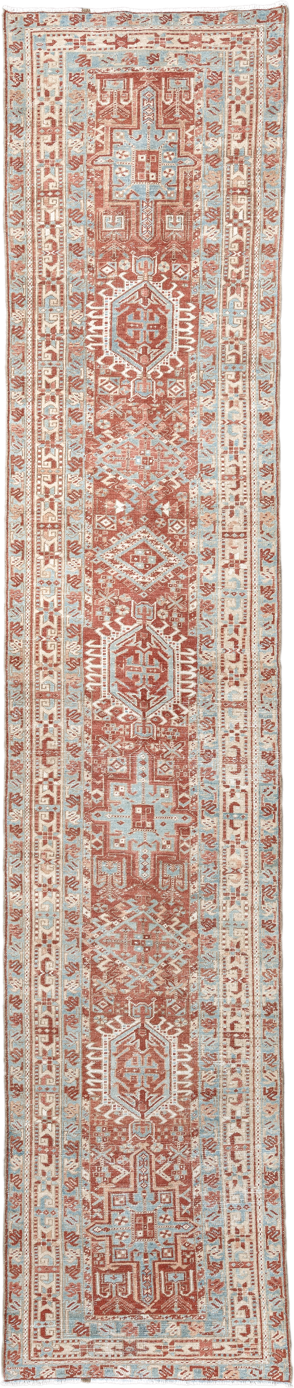 2' x 14' one-of-a-kind handmade vintage Heriz runner rug. Color palette: rust, ivory, pale blue, terra cotta, cream
