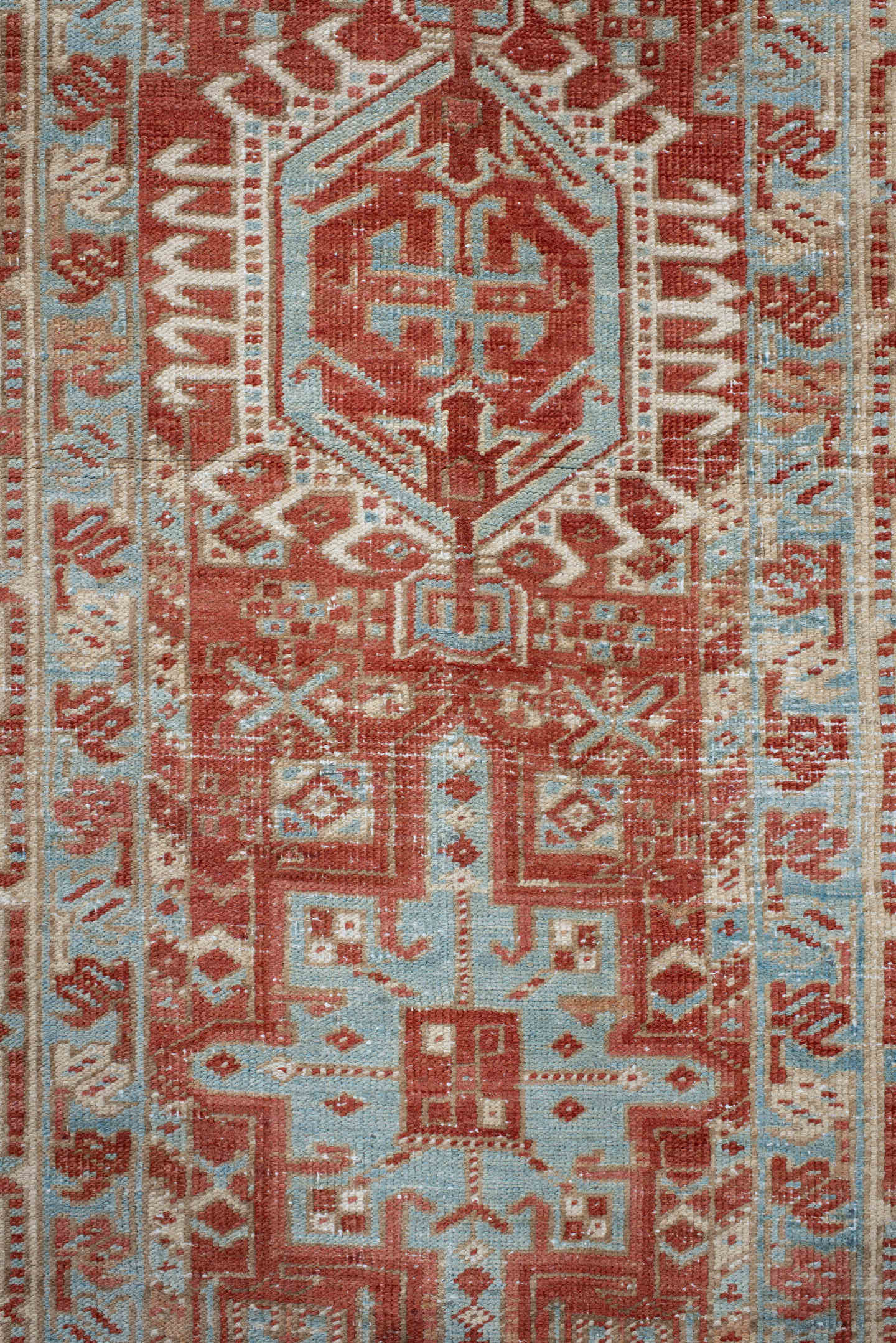 2' x 14' one-of-a-kind handmade vintage Heriz runner rug. Color palette: rust, ivory, pale blue, terra cotta, cream