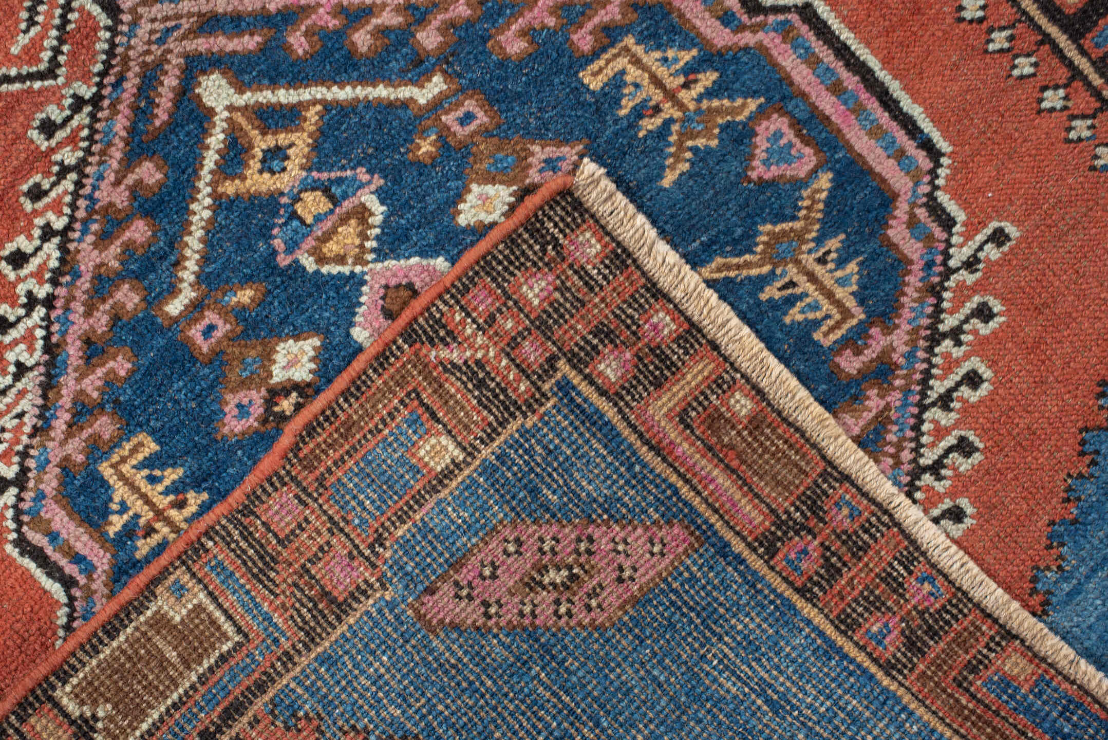 2' x 11' one-of-a-kind handmade vintage NW Persian runner rug. Color palette: terra cotta, navy, ivory, rust, sky blue